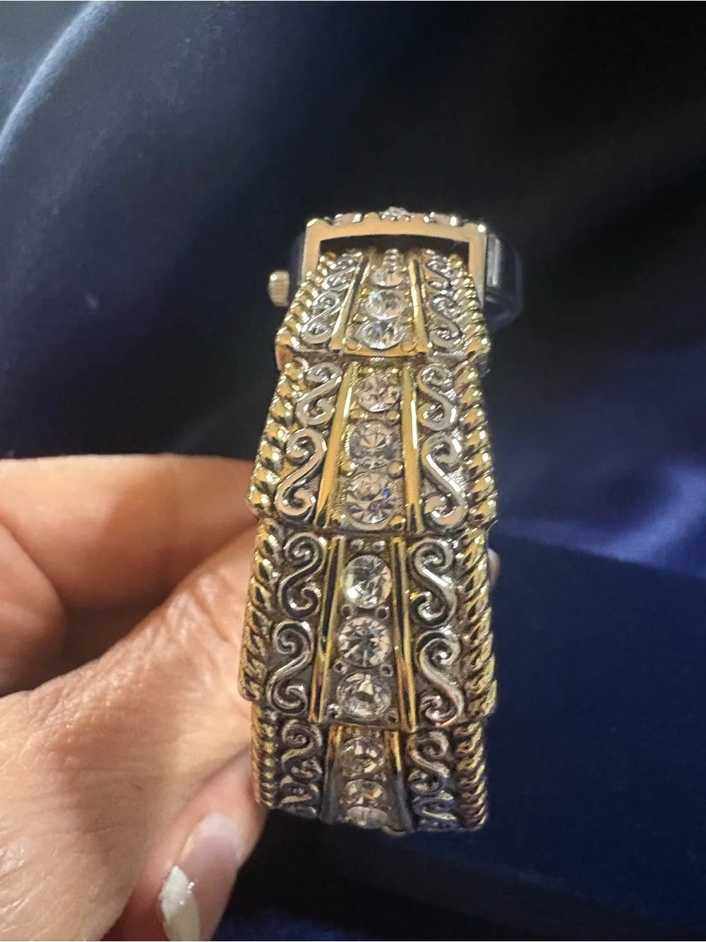 Watch Gold & Silver Tone Ornate Rhinestone Accent Quartz Link Bracelet